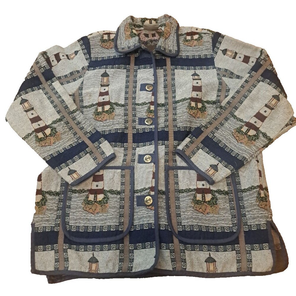 Lighthouse Tapestry Jacket Coastal Beach House Oversized Anchor Buttons Medium